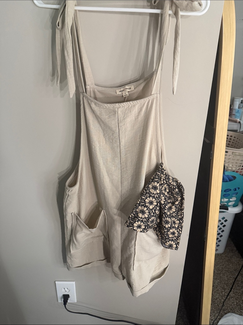 Moa Moa Cream Tie-Shoulder Linen-Blend Pocket Tank